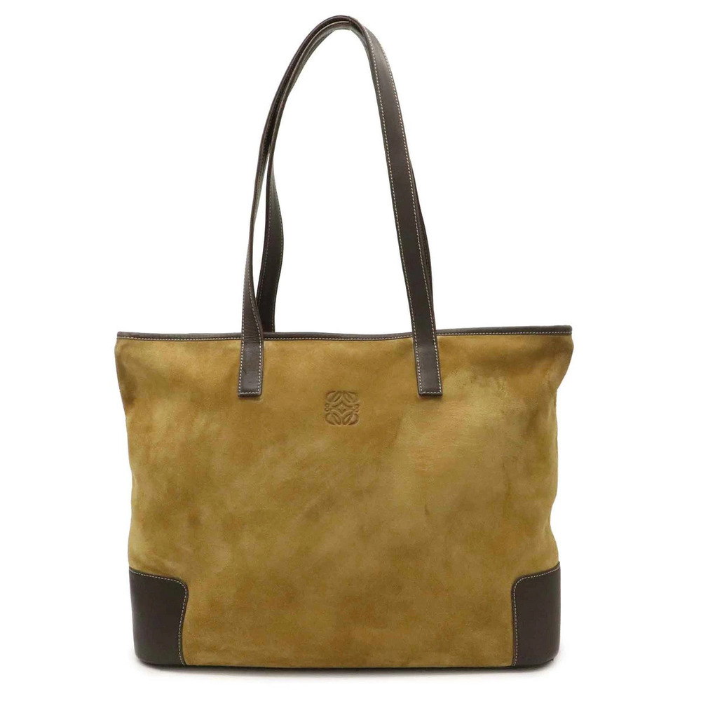 Loewe Anagram Tote Bag Shoulder Suede Leather Beige Brown Cream
